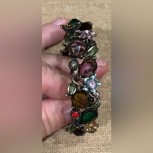 Antique Brass Tone Gold Beaded Enamel Floral Motif Rhinestone Cuff Bracelet